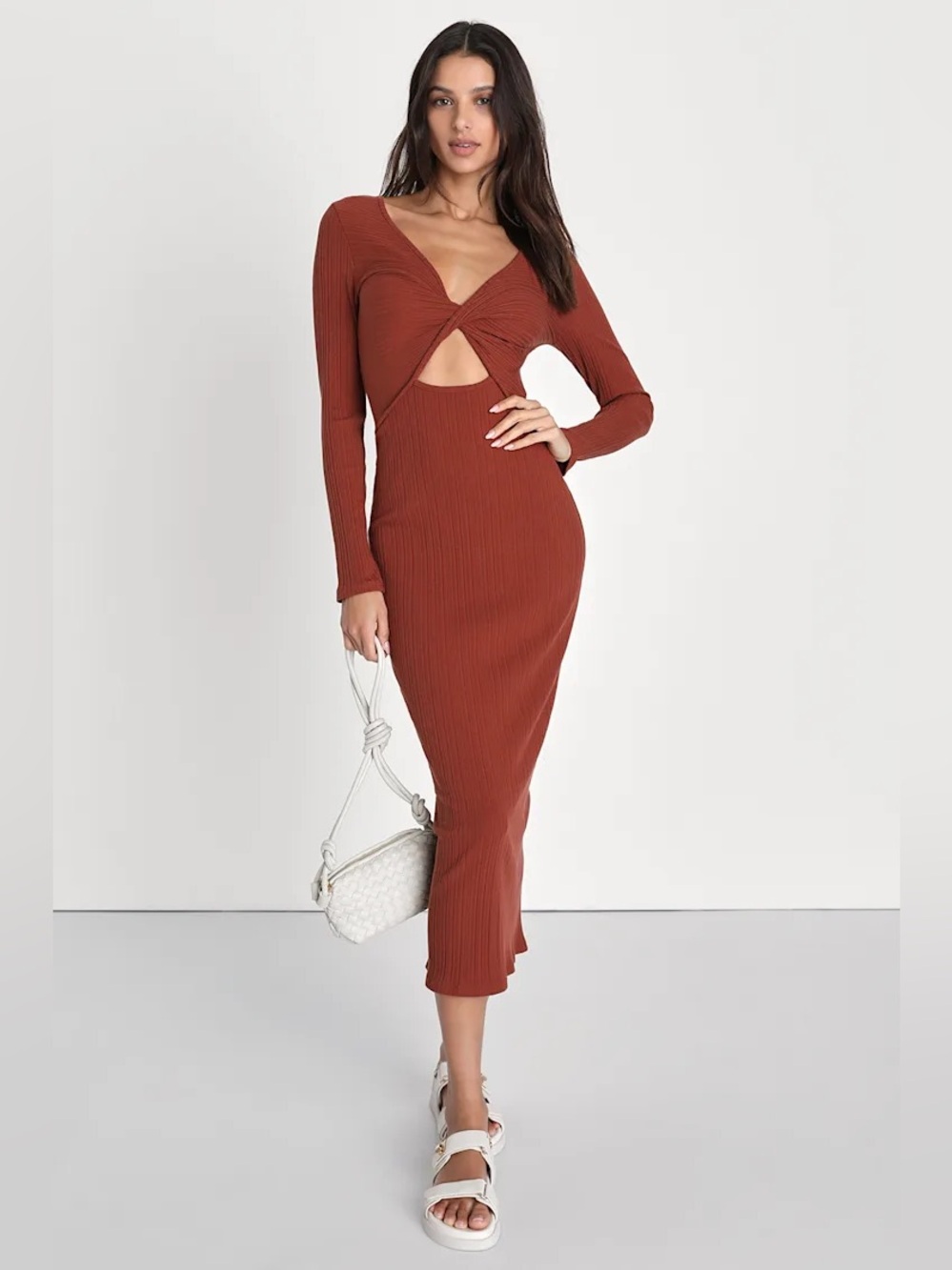 Lulus Rust Ribbed Twist Front Midi Dress